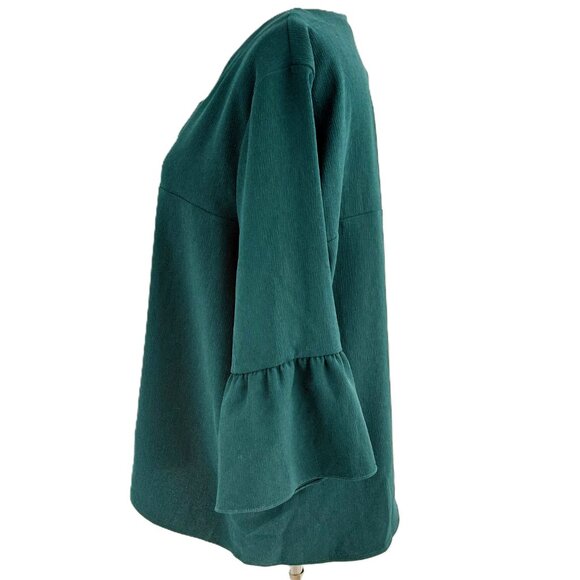 Ellie Kai Popover Blouse Size XL Hunter Green Ruffled Bell Sleeve Textured Crepe - Picture 7 of 10